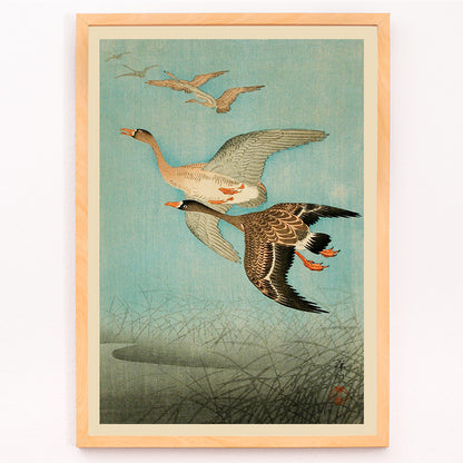 Closeup detail of Flying Geese by Ohara Koson Japanese woodblock print poster with two geese flying over water and reeds artwork wall art print