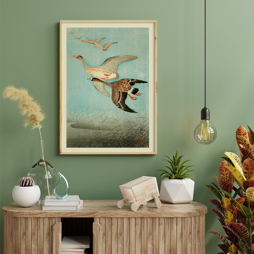 Flying Geese by Ohara Koson Japanese woodblock print poster with two geese flying over water and reeds artwork wall art print, framed and displayed in home decor