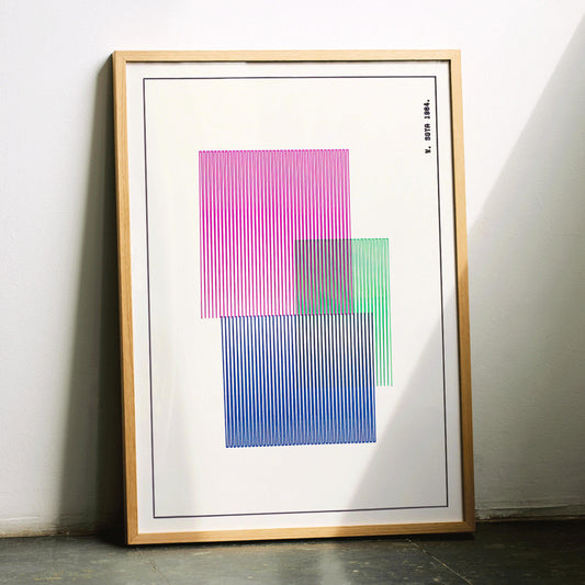 Abstract geometric art poster with colorful overlapping and vertical lines in red blue and green by W Soya inspired by Red Blue Green modern decor, framed and displayed in home decor