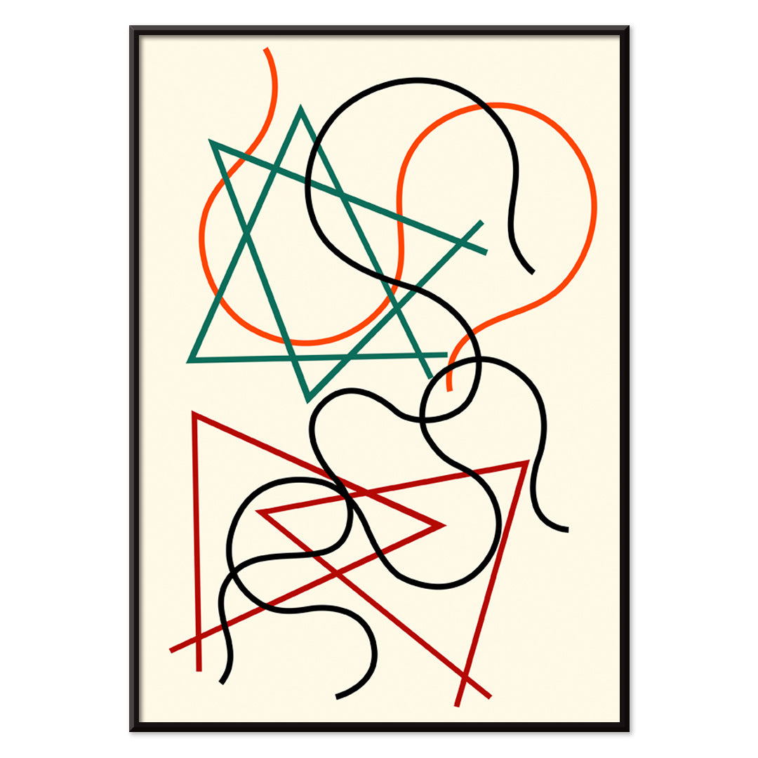 Abstract geometric and wavy lines artwork in green red orange and black by Myriam Thyes titled Lignes géométriques et ondoyantes, with black aluminium frame on white background