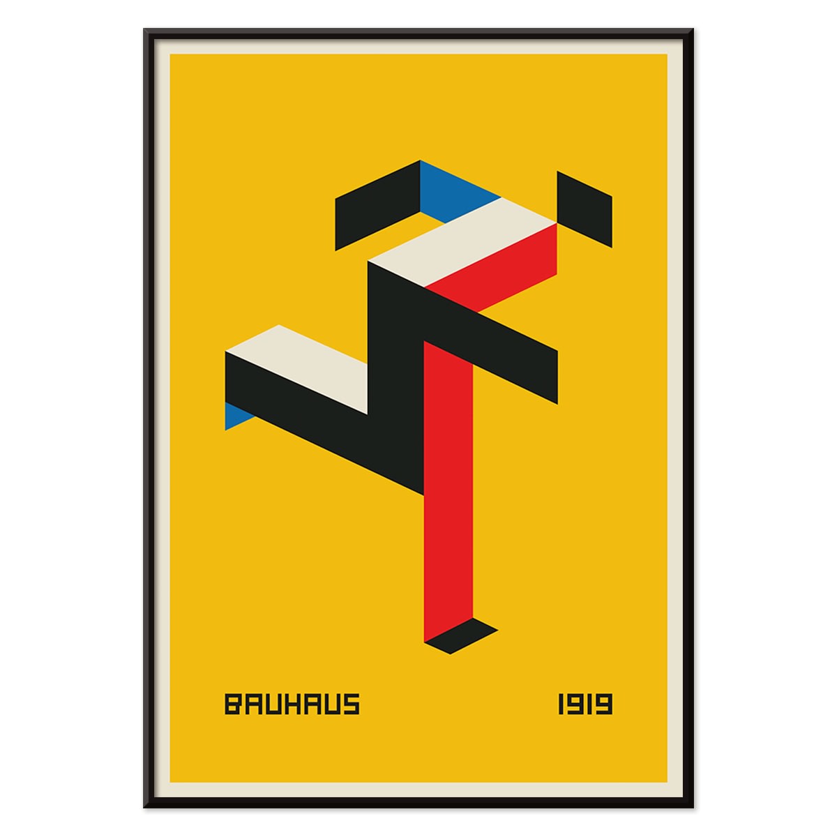 Geometric abstract art poster with red black white and blue shapes on yellow background by Bauhaus titled Bauhaus 20, with black aluminium frame on white background