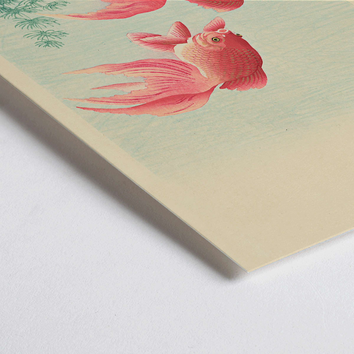 Closeup detail of Two Goldfishes by Ohara Koson poster with two vibrant goldfish swimming among aquatic plants in blue water