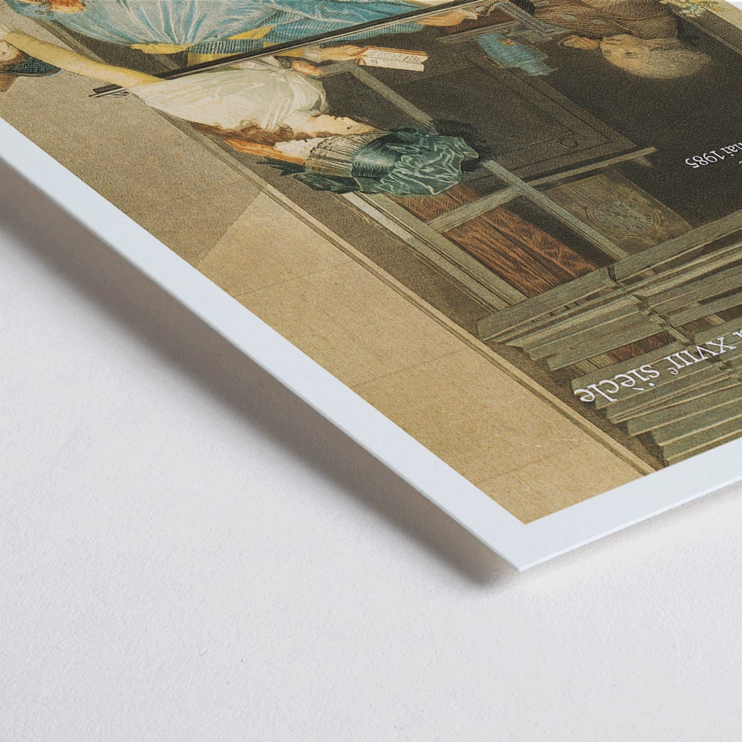 Closeup detail of French engravers artwork of a woman reading with a child and elderly man nearby from Graveurs francais de la seconde moitie du XVIIIe siecle