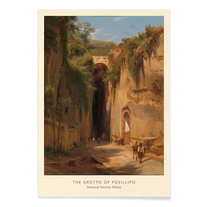 The Grotto of Posillipo by Antonie Sminck Pitloo scenic landscape with people animals stone archway cliffs and dramatic rocky tunnel entrance, with black aluminium frame on white background