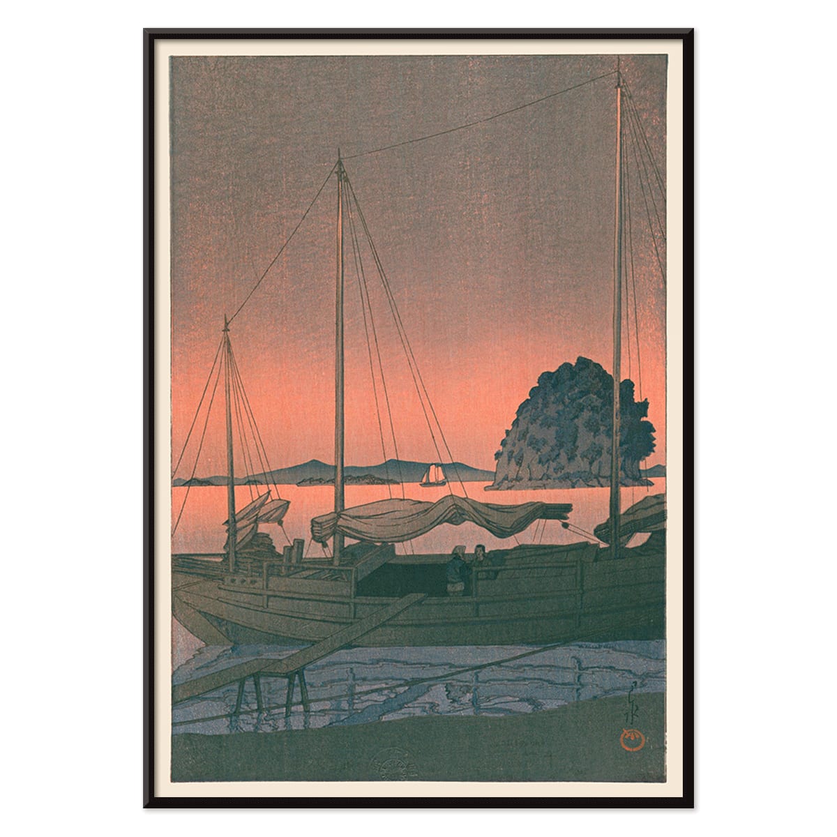 Ukiyo e Harbour Sunset by Kawase Hasui with boats docked at sunset tranquil evening sky island and mountains in background, with black aluminium frame on white background
