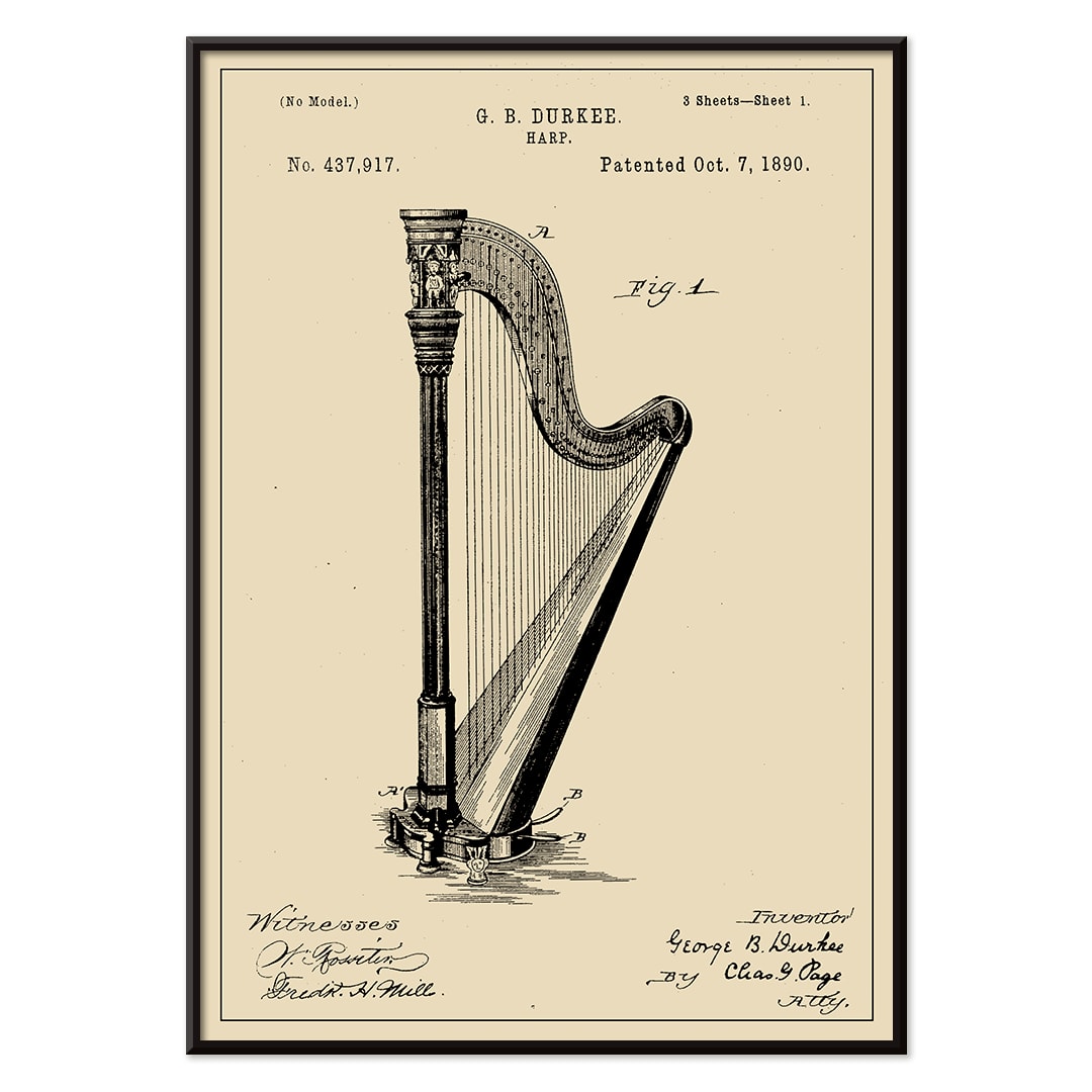 Harp patent drawing and poster by G B Durkee featuring detailed technical drawing and historical patent information, with black aluminium frame on white background
