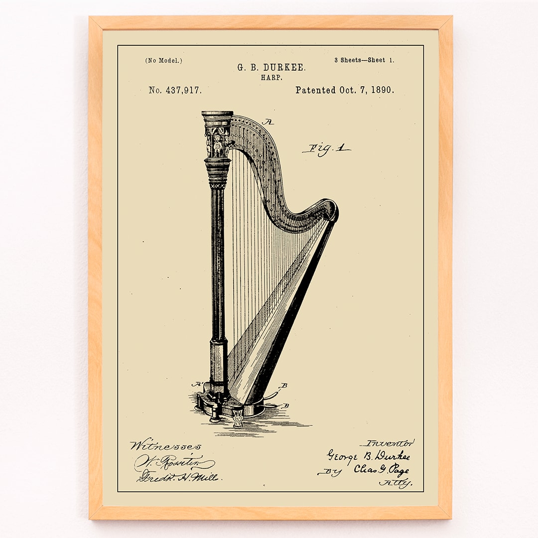 Harp patent drawing and poster by G B Durkee featuring detailed technical drawing and historical patent information, framed and displayed in modern living room decor