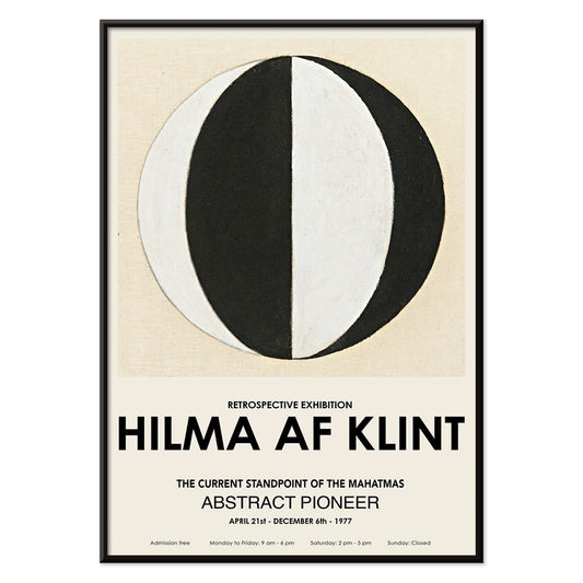 Abstract artwork The Current Standpoint of the Mahatmas by Hilma Af Klint featuring geometric shapes and a black and white abstract circular design poster, with black aluminium frame on white background