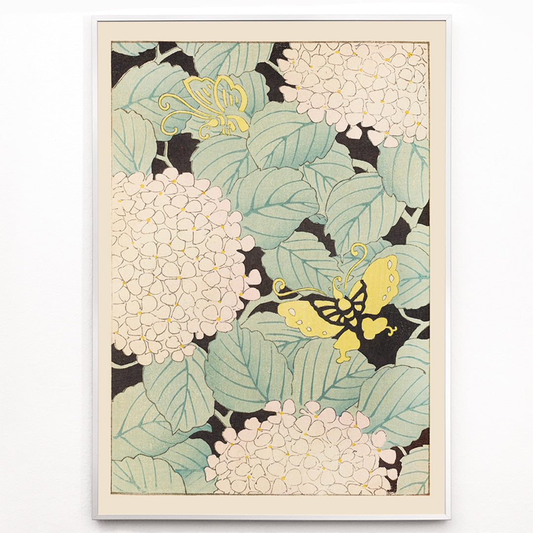 Closeup detail of Yellow butterflies and white hydrangea flowers with green leaves in Japanese art style artwork Bijutsukai Pl 169 by Korin Furuya