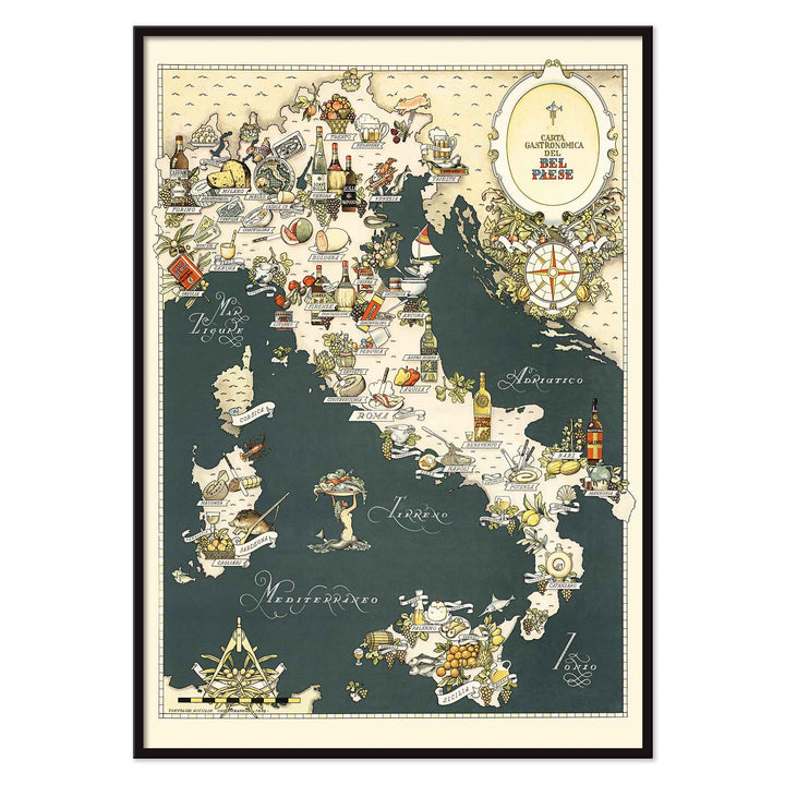 Vsevolod Nicouline Gastronomic Map of Italy poster with illustrated regional foods coastal boats and vintage blue beige details, with black aluminium frame on white background