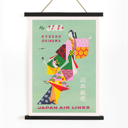 Colorful Japan Air Lines poster Kyushu Okinawa by Anonymous featuring traditional Japanese figures promoting air travel, with wooden magnetic frame on white background