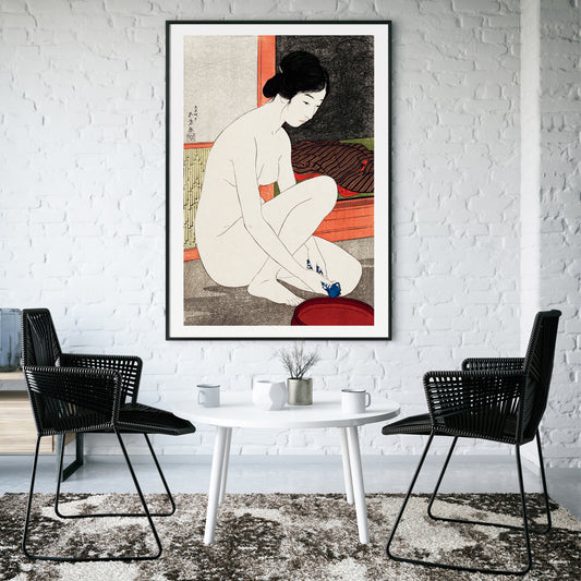 Japanese woman bathing in traditional interior from Yokugo no onna by Goyo Hashiguchi Japanese art poster, framed and displayed in home decor