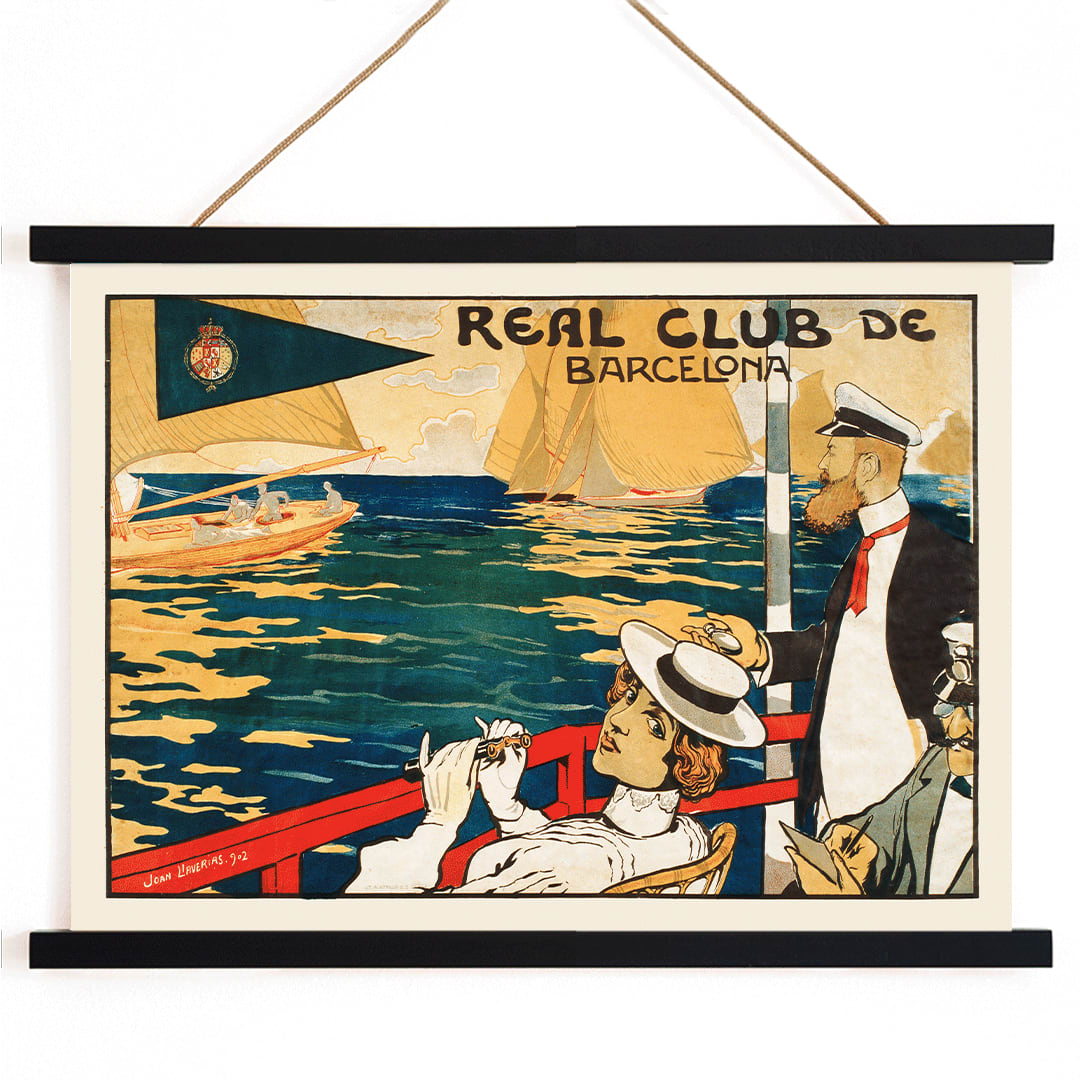 Sailing scene and poster for Real Club de Barcelona by Joan Llaverias featuring elegantly dressed figures and people in maritime attire with sailboats in the background, with wooden magnetic frame on white background