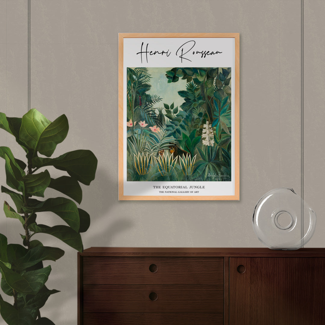 Lush green rainforest with exotic plants flowers and hidden animals inspired by The Equatorial Jungle painting by Henri Rousseau, framed and displayed in home decor