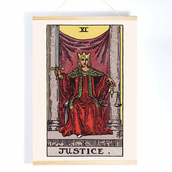 Pamela Colman Smith Justice tarot poster crowned figure in red robes with scales and sword, with wooden magnetic frame on white background