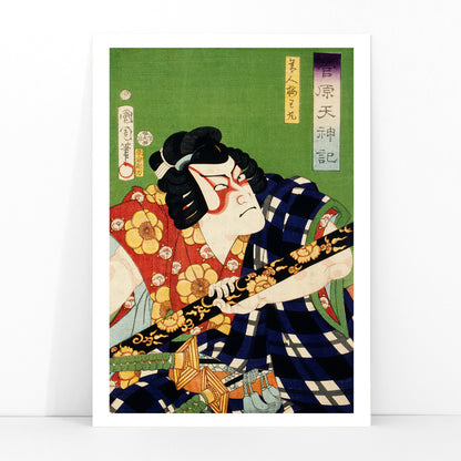 Ukiyo-e illustration and poster of kabuki actor in colorful costume by Toyohara Kunichika Japanese art, framed and displayed in modern living room decor
