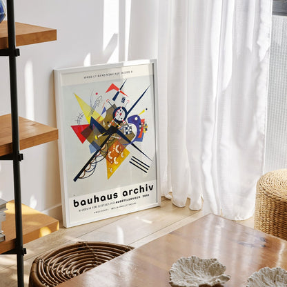Abstract artwork Auf Weiss II by Wassily Kandinsky with geometric shapes and vibrant colors displayed at Bauhaus exhibition and featured on Bauhaus Archiv poster for Gestalt exhibition at Berlin museum, framed and displayed in home decor