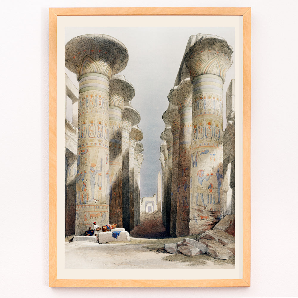 Closeup detail of Ancient Egyptian columns and hieroglyphs in Great Hall at Karnak temple in Thebes artwork and poster illustration by David Roberts showing ruins