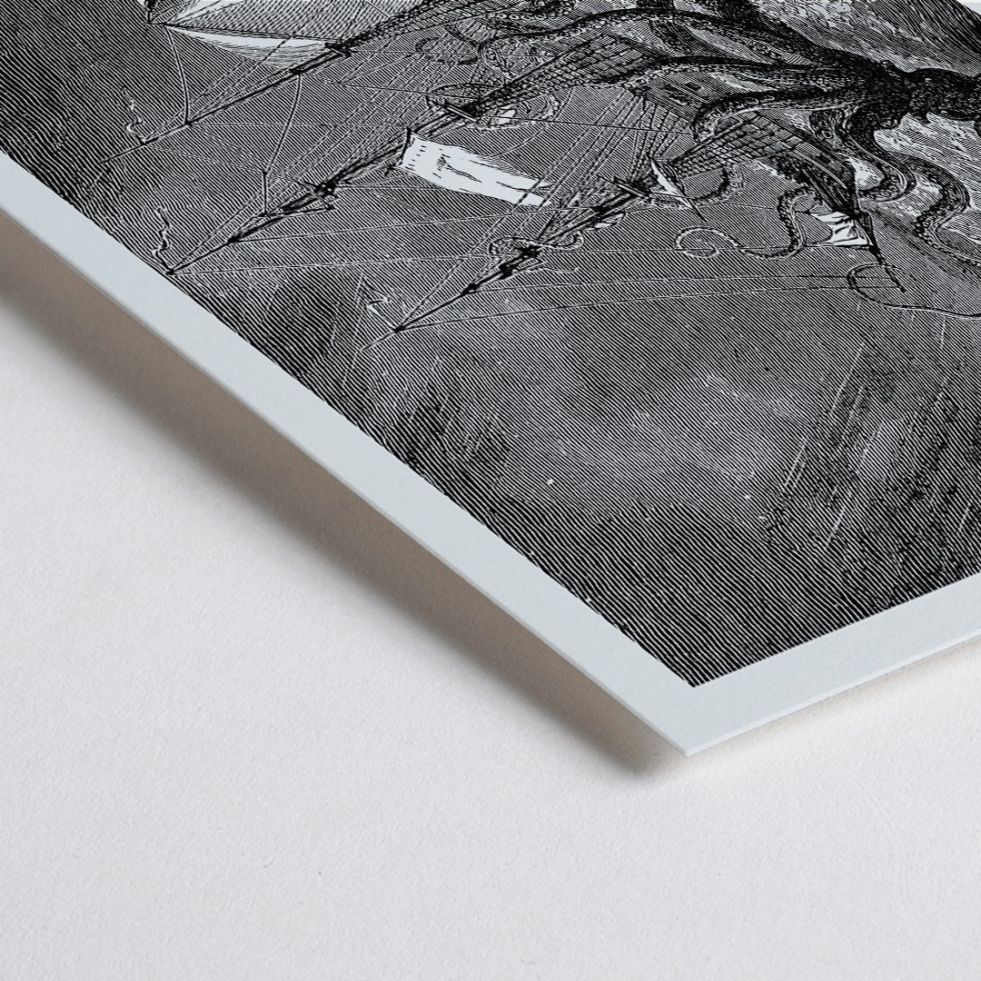 Closeup detail of The Kraken attacking a ship in stormy seas sea monster poster titled The Kraken as seen by the eye of imagination