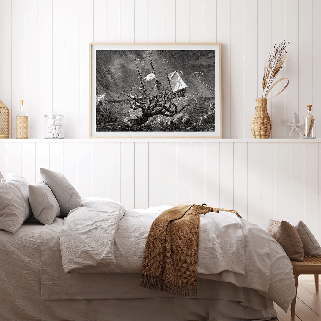 The Kraken attacking a ship in stormy seas sea monster poster titled The Kraken as seen by the eye of imagination, framed and displayed in home decor