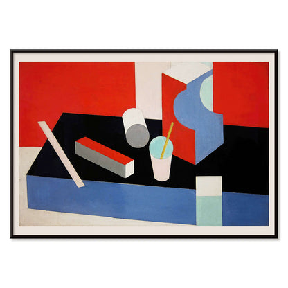 Colorful geometric abstract painting titled Kubik in red black and blue by artist Patrick Henry Bruce poster, with black aluminium frame on white background