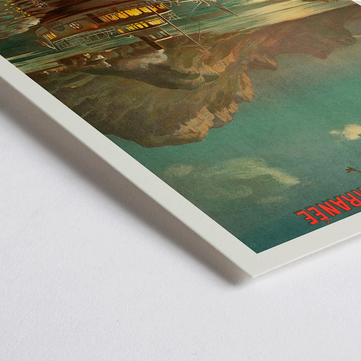 Closeup detail of Poster of Lac d Annecy by Francois Charles Cachoud showing a boat on a serene lake with mountains and a glowing evening sky