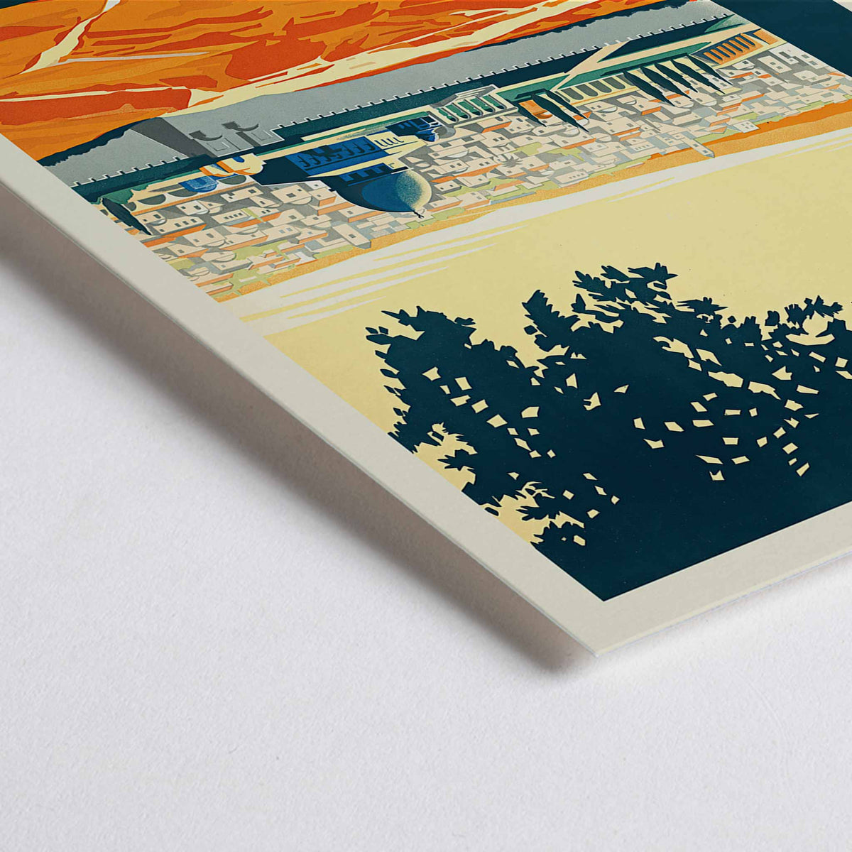 Closeup detail of Franz Kraus Visit Palestine poster with sunlit city, mosque, ochre fields, blue sky, and dark tree silhouette