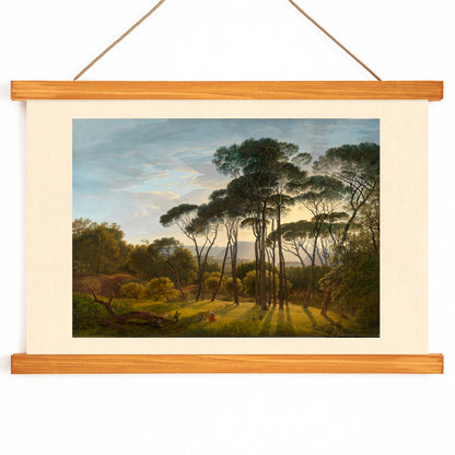 Italian landscape with umbrella pines and distant hills by Hendrik Voogd poster scenic countryside art, with wooden magnetic frame on white background