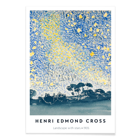 Landscape with Stars by Henri Edmond Cross colorful night sky painting and poster featuring blue and yellow star filled sky above dark landscape, with black aluminium frame on white background