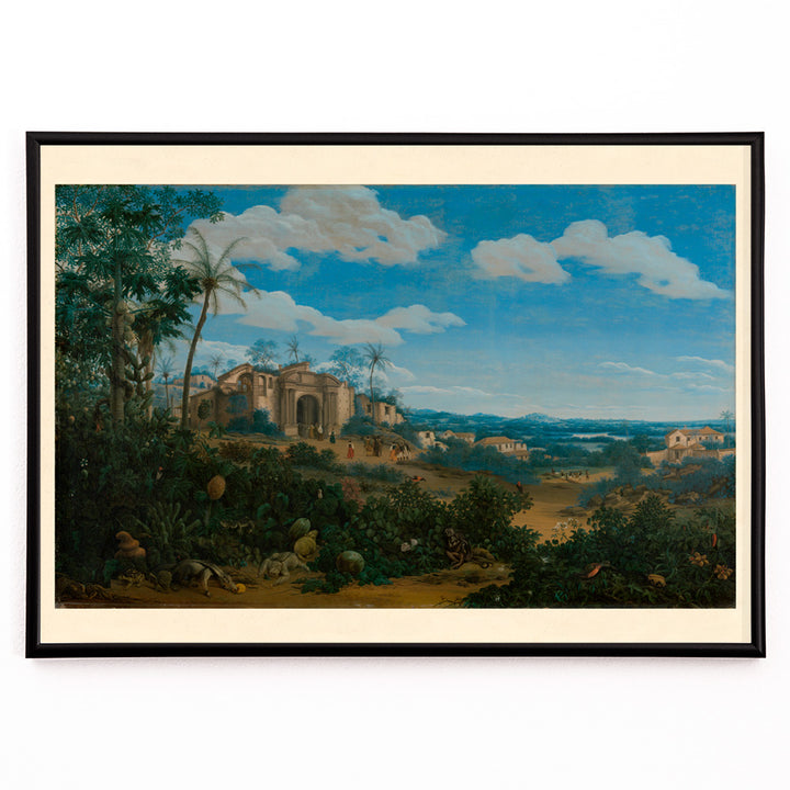 Closeup detail of Poster of lush landscape and historic colonial buildings in View of Olinda Brazil by Frans Jansz Post