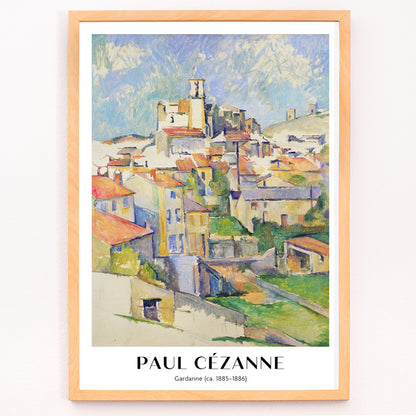 Closeup detail of Colorful village landscape painting and poster of Gardanne by Paul Cézanne featuring red roofed houses and bright sky