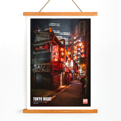 Vibrant Tokyo street at night with illuminated lanterns artwork titled Tokyo Night by Mo Art Gallery, with wooden magnetic frame on white background