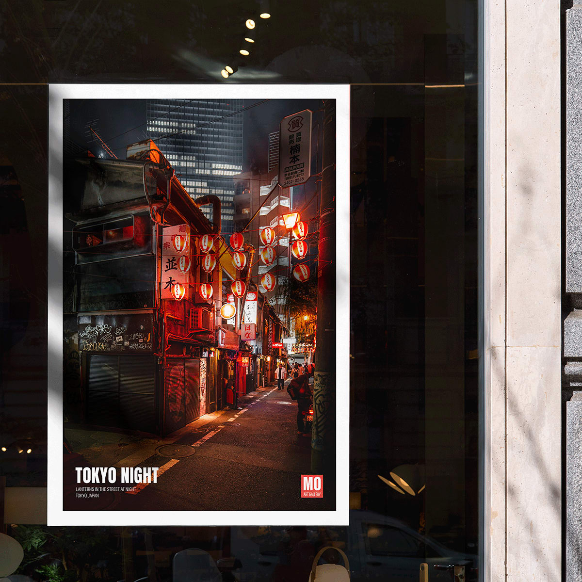 Vibrant Tokyo street at night with illuminated lanterns artwork titled Tokyo Night by Mo Art Gallery, framed and displayed in modern living room decor