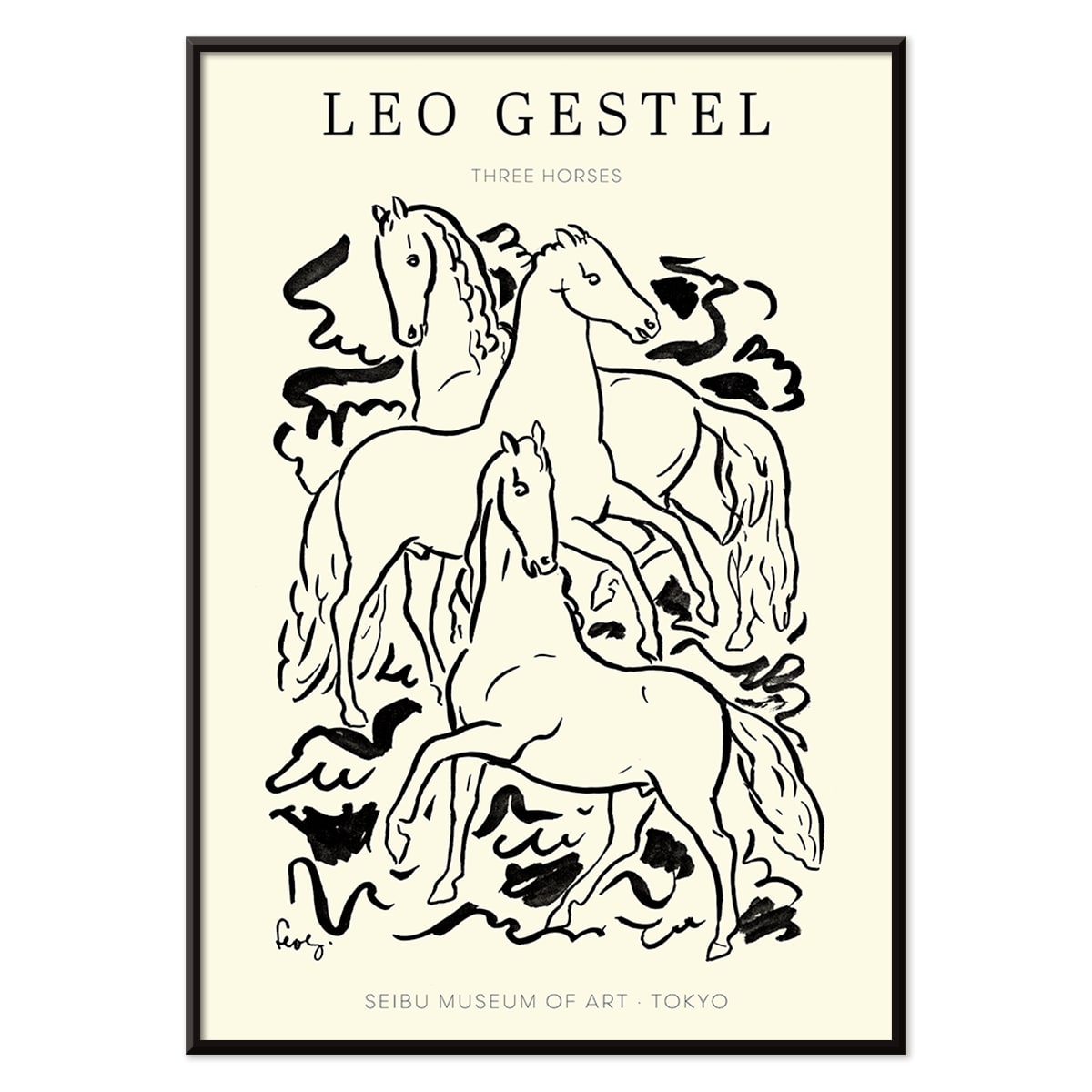 Three Horses by Leo Gestel black and white illustration of three horses in dynamic poses poster, with black aluminium frame on white background