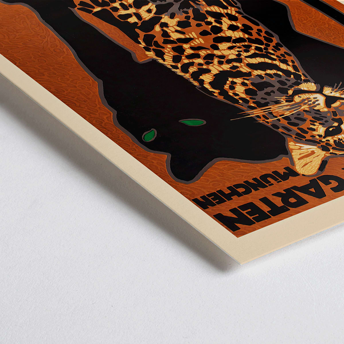 Closeup detail of Leopard and black panther poster for Zoologischer Garten München by Ludwig Hohlwein featuring bold text artwork