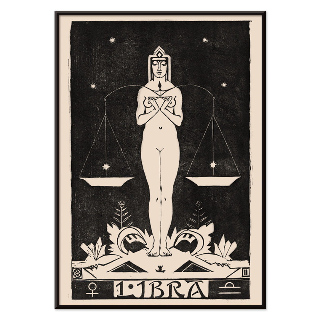 Art Nouveau Libra zodiac sign illustration by Henri van der Stok featuring a woman holding balanced scales and stars, with black aluminium frame on white background