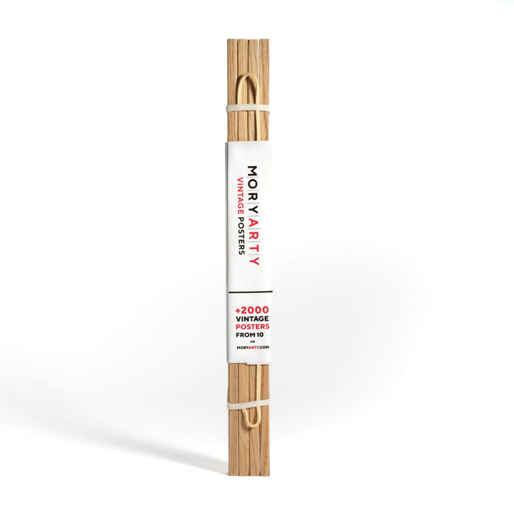 Light oak magnetic wood frame holding a poster, with natural wood bars and a hanging rope, displayed on a wall for a modern, elegant look, full back picture
