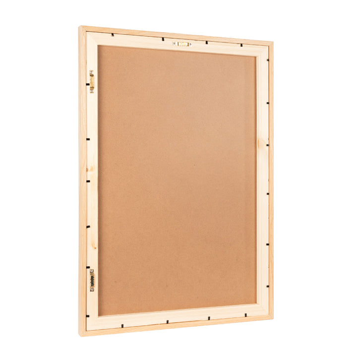 Light pine wood frame with a natural finish, displaying a photo or artwork, classic and elegant design suitable for modern or traditional interiors, full back picture