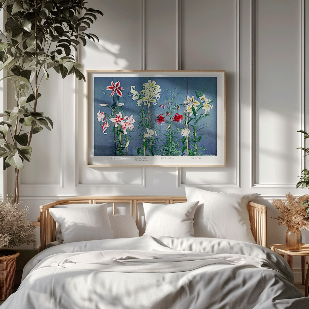 Colorful lilies on blue background hand-colored collotype and vibrant lily poster by Kazumasa Ogawa from Some Japanese Flowers, framed and displayed in home decor