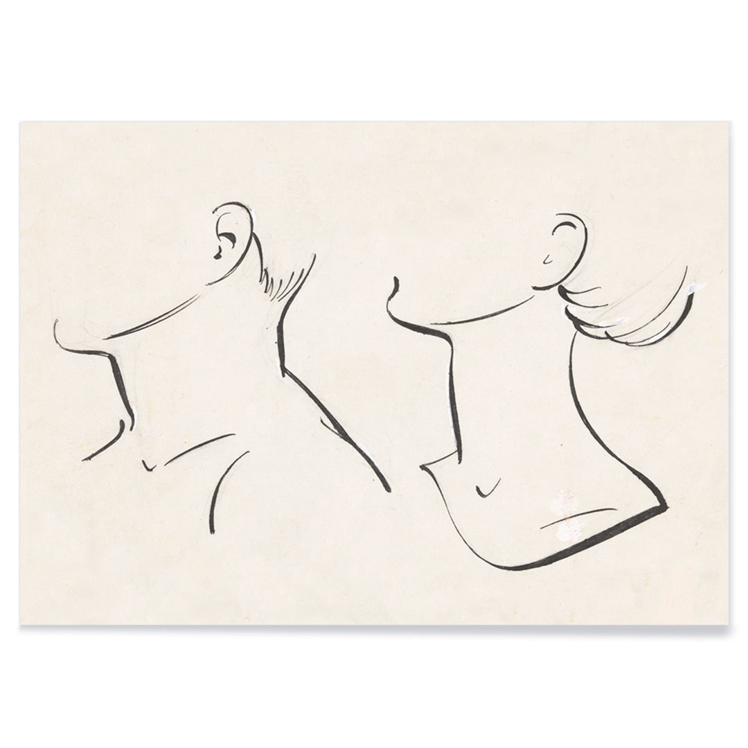 Minimalist ink drawing and line art poster of man and woman necks by Hans Borrebach, with black aluminium frame on white background