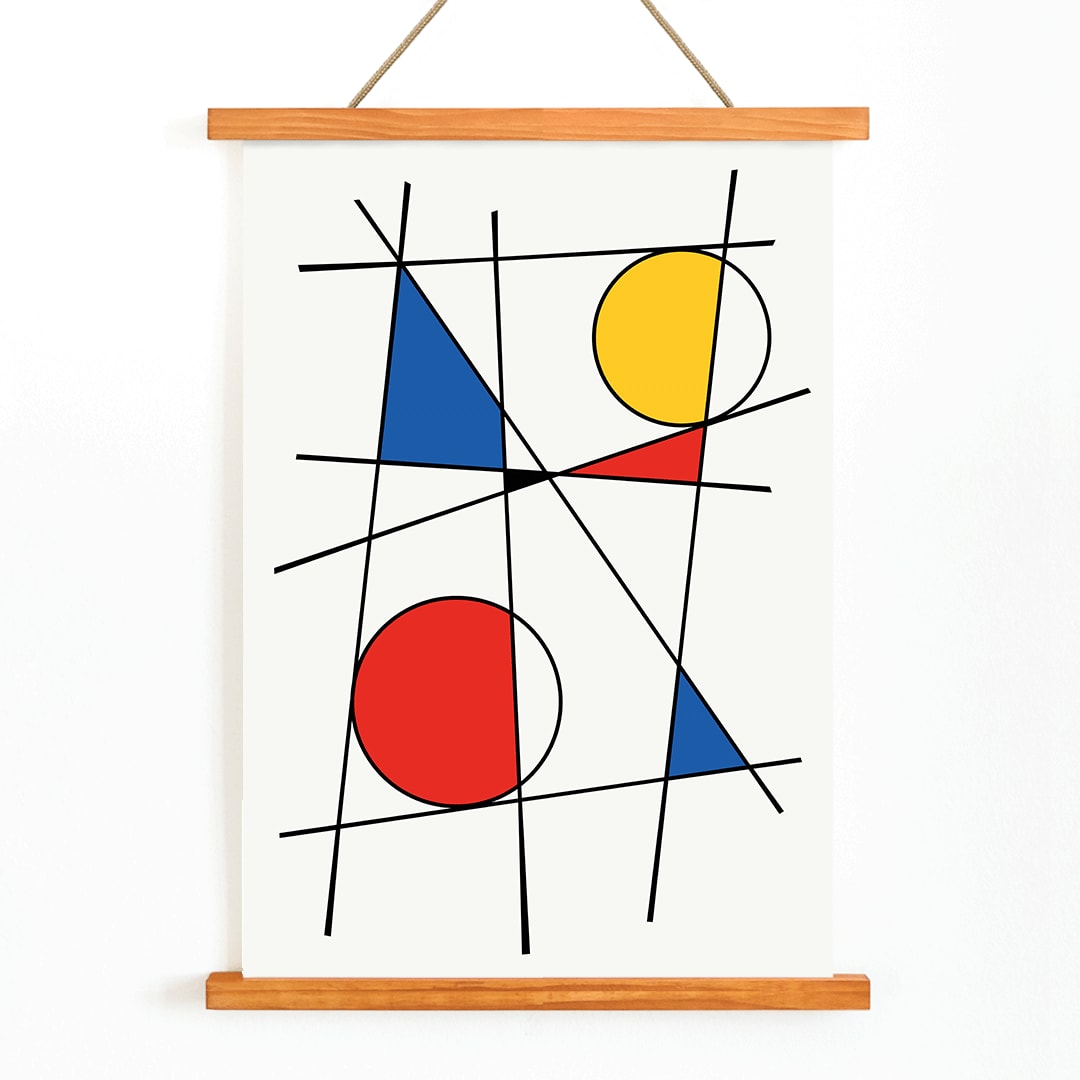 Colorful geometric shapes and intersecting lines in yellow red and blue abstract poster titled Geometric Lines and Colors 2 by Anonymous, with wooden magnetic frame on white background