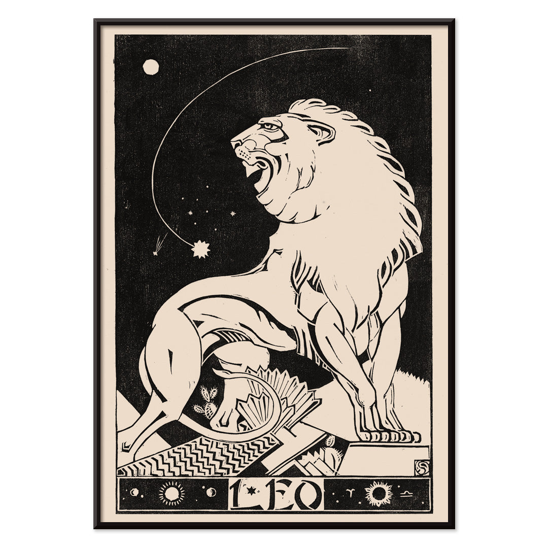 Art deco poster of a stylized roaring lion representing Leo zodiac sign by Henri van der Stok in black and white, with black aluminium frame on white background