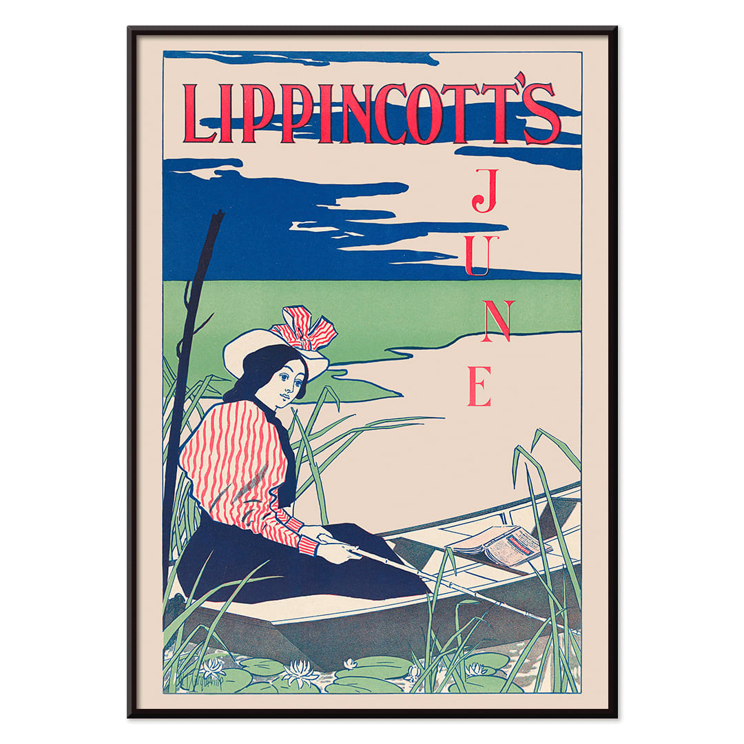 Woman boating on a serene river wearing a striped dress and hat surrounded by reeds and water lilies Lippincotts June by William Carqueville, with black aluminium frame on white background
