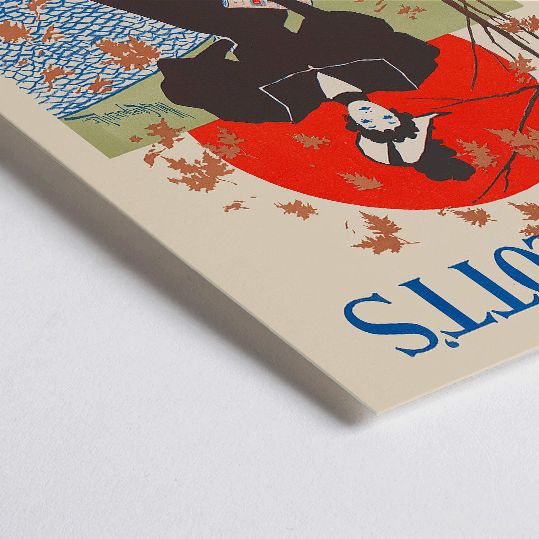 Closeup detail of Lippincotts October poster by William Carqueville featuring an elegant woman in a black dress holding a book with autumn leaves