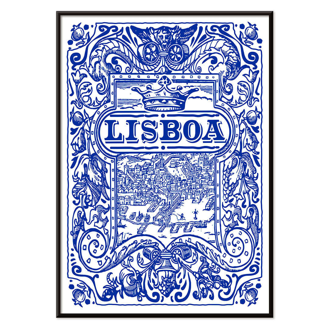 Artistic depiction and poster of Lisbon cityscape in blue and white azulejos with ornate designs titled Lisbon Azulejo Blue painted tile 2, with black aluminium frame on white background