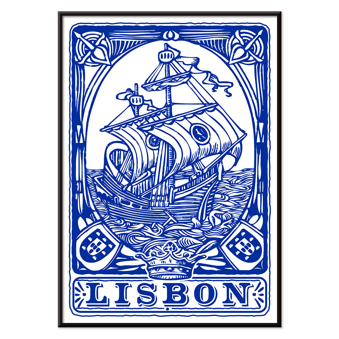 Blue painted azulejo tile artwork by Lisbon Azulejo featuring a ship and the word Lisbon Blue painted tile 1 poster, with black aluminium frame on white background