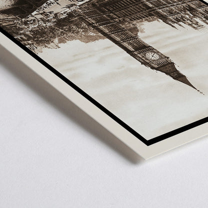 Closeup detail of Vintage view and poster of Houses of Parliament and Big Ben in London by Dixon Scott featuring iconic landmarks with sepia toned imagery