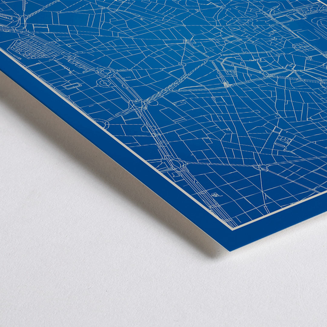 Closeup detail of Minimalist Madrid Map by Artist Name blue and white city layout with silhouettes and street details poster
