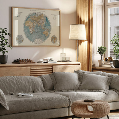 Detailed vintage world map illustration and poster titled Planiglobes of the Earth II by The Institute of Liepzig featuring colored geographical features, framed and displayed in home decor