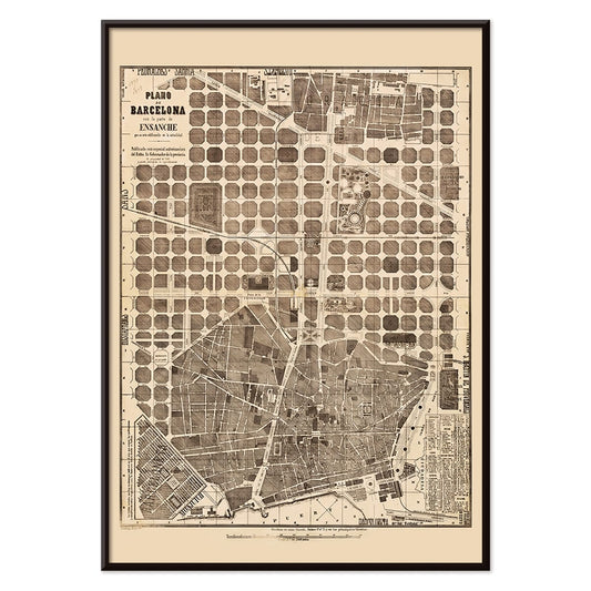 Detailed vintage map of Barcelona poster artwork featuring a city map layout with illustrated streets and blocks, with black aluminium frame on white background